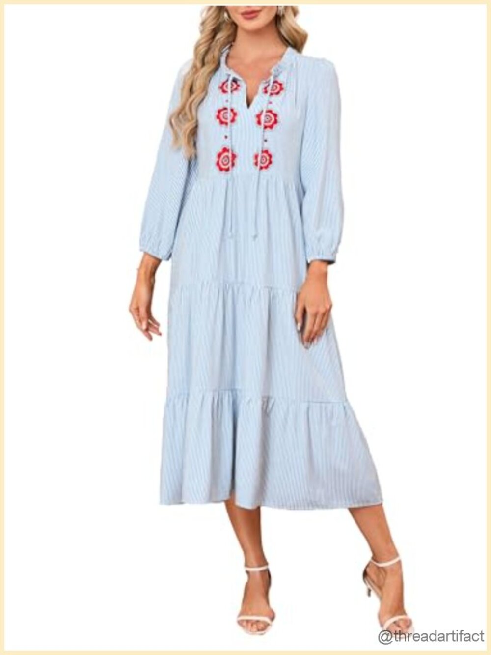 Striped Maxi Dress Tie Neck Floral Embroidery Flowy Tiered Boho Long Dress with - Picture 1 of 6